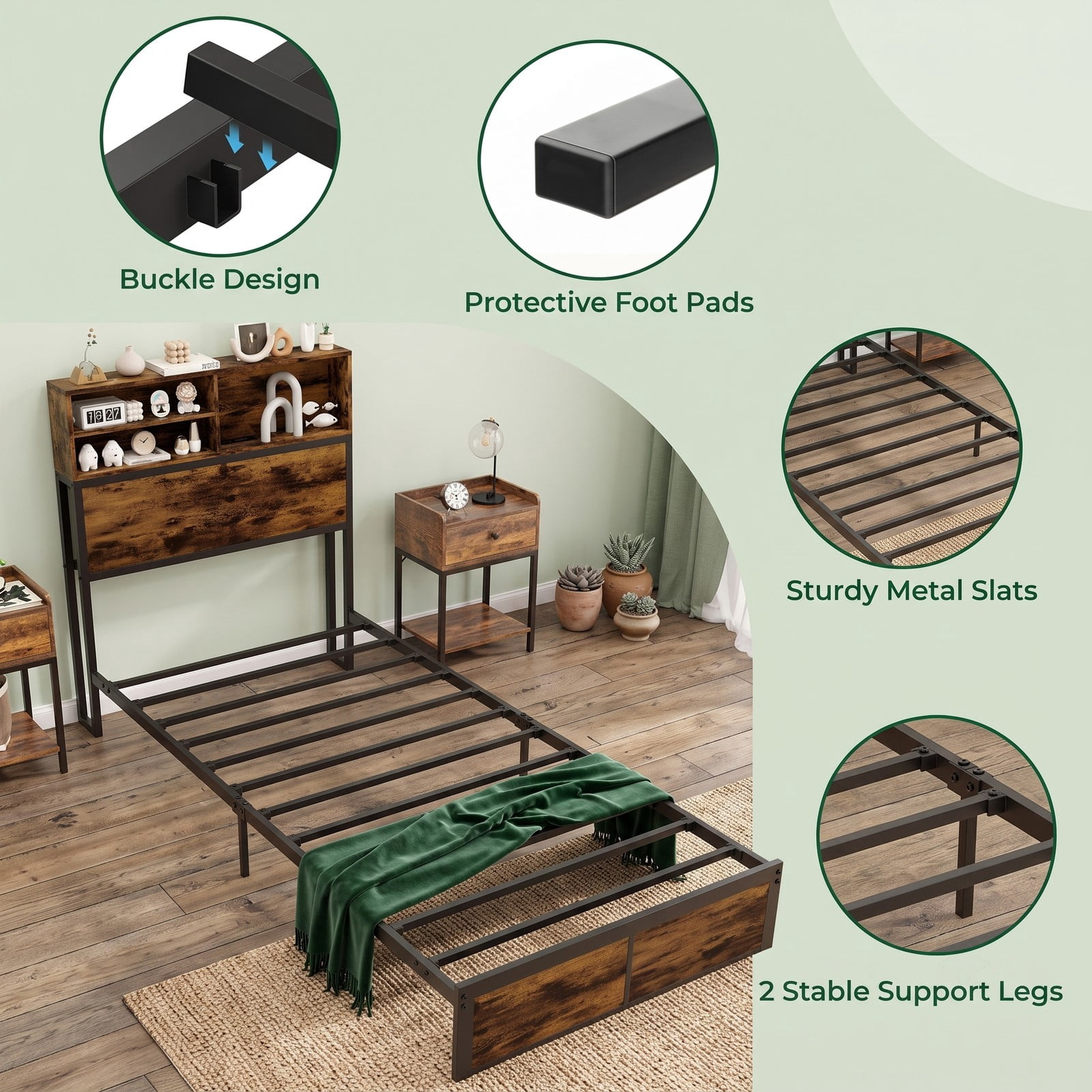 Furnibear Queen Bed Frame with Storage Headboard, Industrial Metal Platform Bed Frame with Charging Station and USB Ports, No Box Spring, Rustic Brown