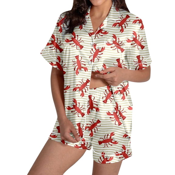 Wang6 Women's Pajamas Sets with Shorts 2 Pieces Plus Size Pjs Sets Soft Short Sleeve V Neck Button Shirts Shorts Loose Fit Crayfish Printed Sleepwear Loungewear Sets Yellow2 XL