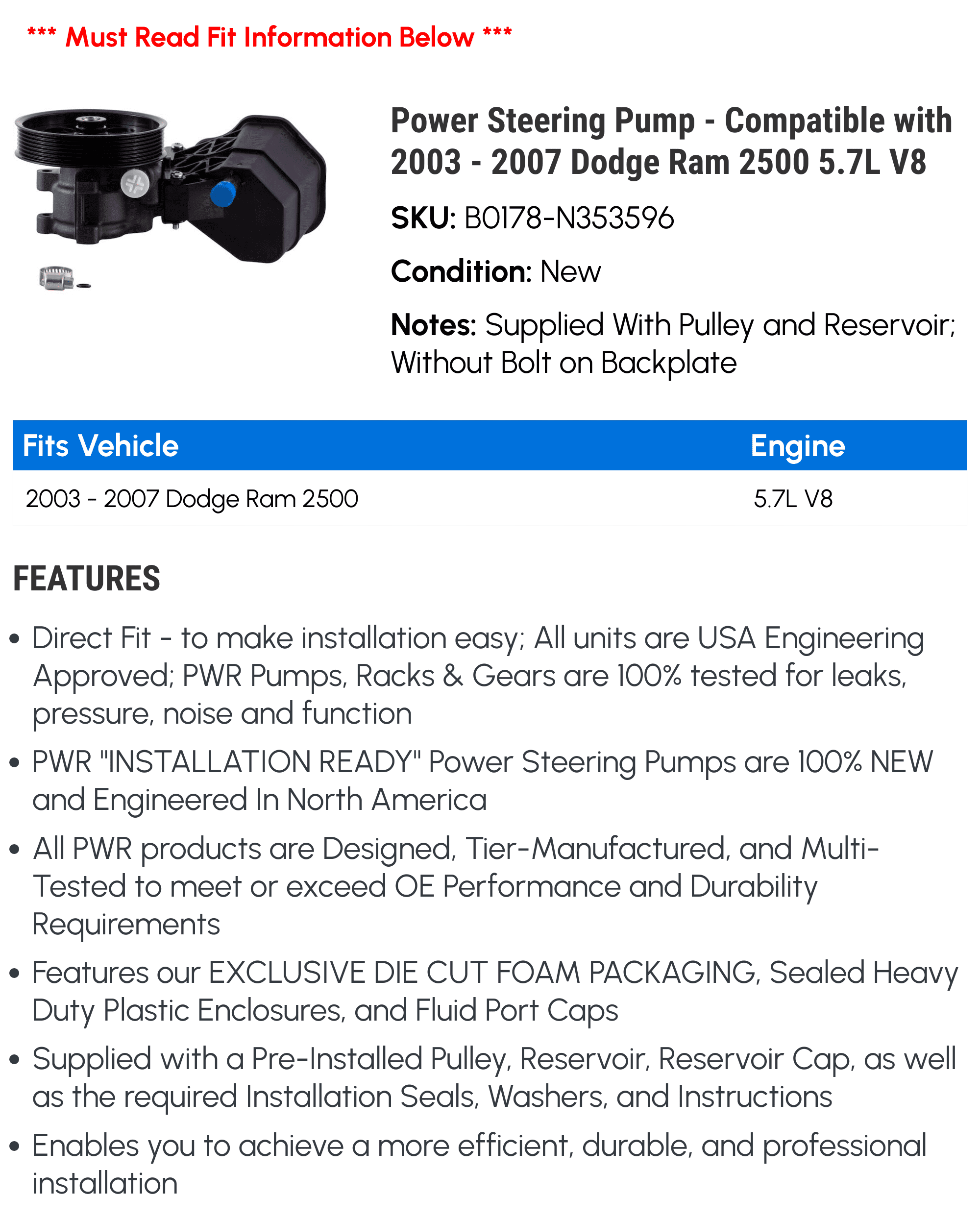 Power Steering Pump - Compatible with 2003 - 2007 Dodge Ram 2500 5.7L V8 2004 2005 2006