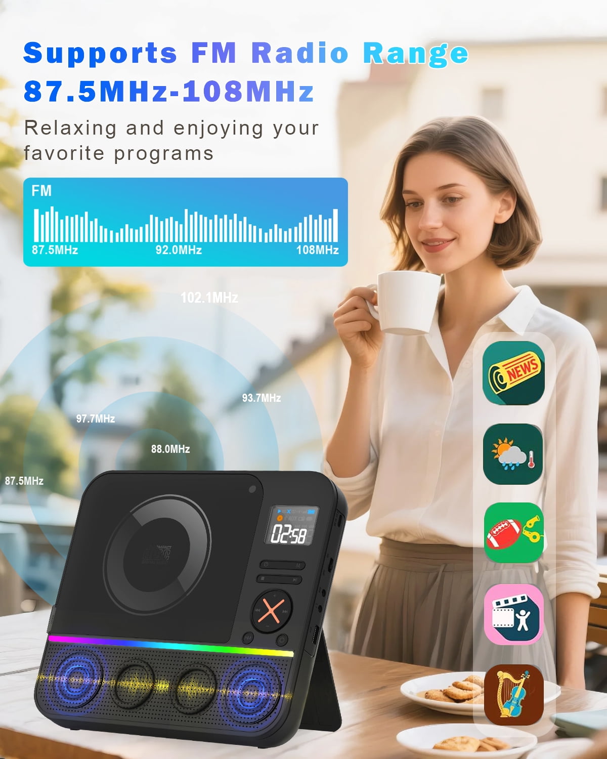 Portable CD Player with Bluetooth ,Desktop Boombox Portable CD Player Bluetooth CD Player with Speakers FM Radio & RGB Light, LED Screen for Home Support Wireless Headphones USB/AUX Headphone Jack