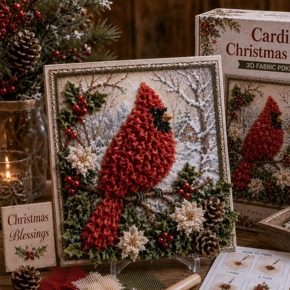 3D Christmas Fabric Poke Art Kit, No Sew DIY Holiday Craft Kit for Adults, Beginner Vintage Christmas Fabric Poking Craft Set with Display Stand, Handmade Holiday Home Decor Art(C)