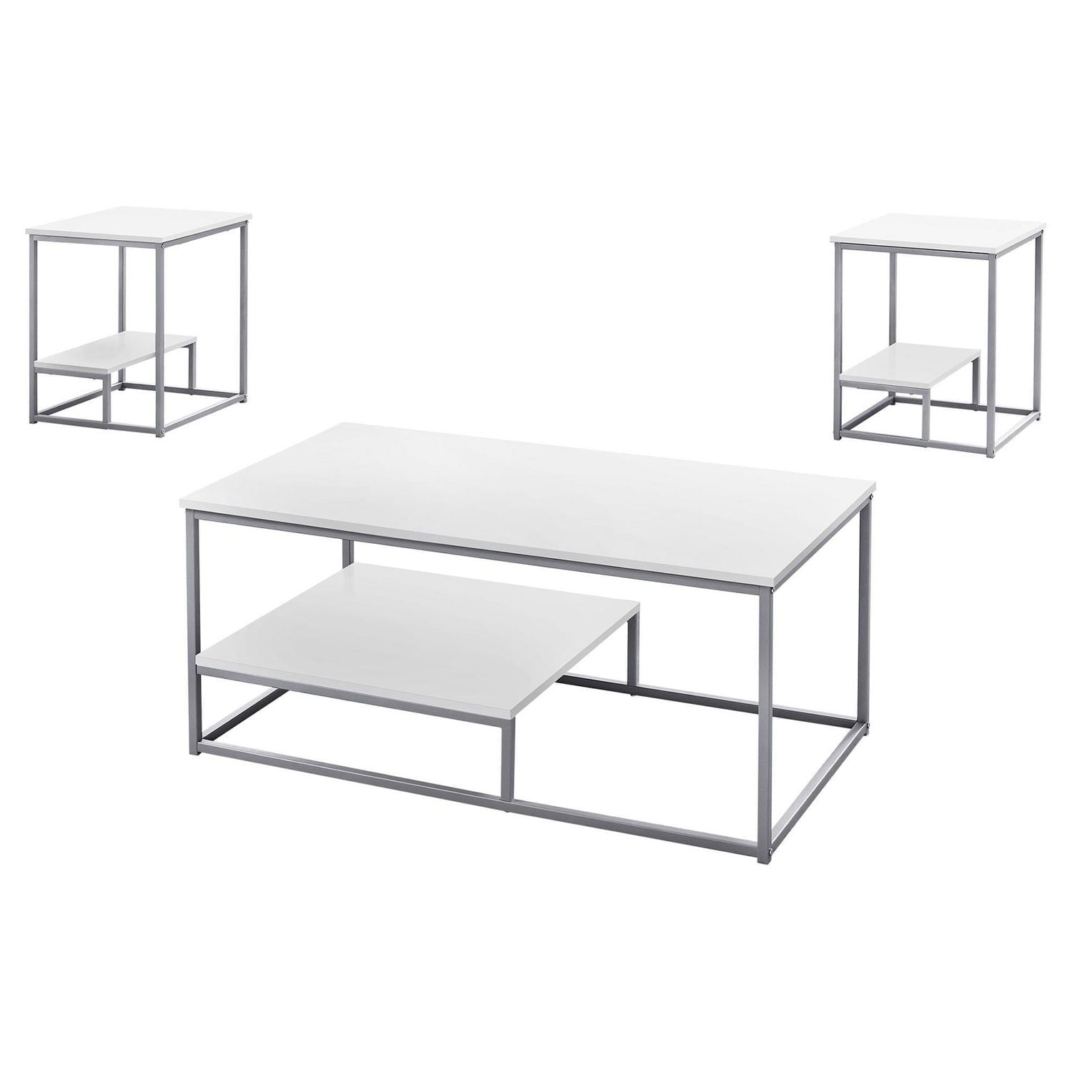 Monarch Specialties Ensemble De Table, Ensemble 3pcs, Café, Bout, Côté, Accent, Salon, Métal, Stratifié, Blanc, Gris, Contemporain, Moderne