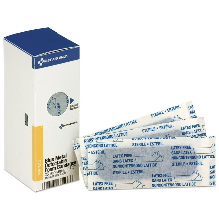 Metal Detectable Adhesive Bandages, Foam, Blue, 1 x 3, 25/Box Metal Detectable Adhesive Bandages, Foam, Blue, 1 x 3, 25/Box