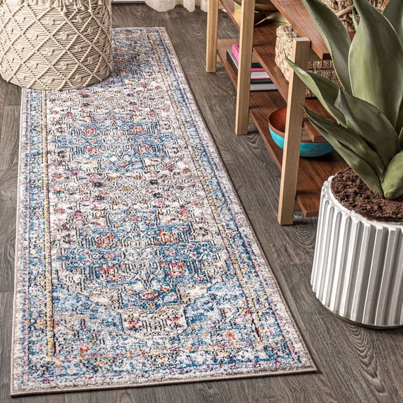 JONATHAN Y 2 x 8 Runner Rug, Manisa Vintage Medallion - Ivory/Peacock Blue/Coral, RES103A-28