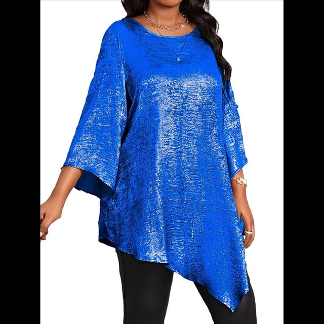 Blusa Holgada con Cuello Redondo y Mangas de Puntos, Dobladillo Irregular, Talla Grande 2025 para Mujer Azul Oscuro XXXL