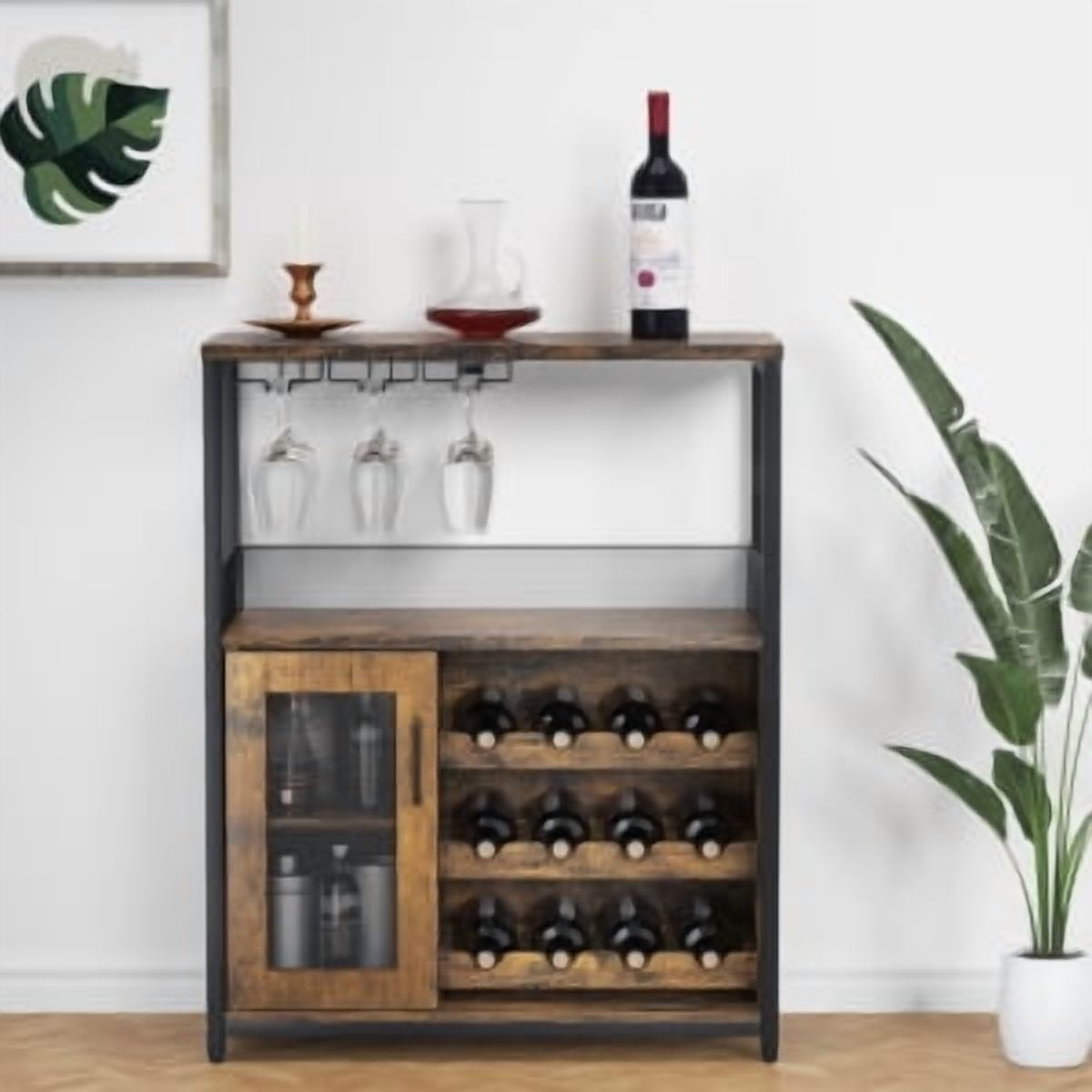 6-Tier Wine Rack With LED Lights - Bar Cabinet With Glass Holder (Grey, 43.3\")