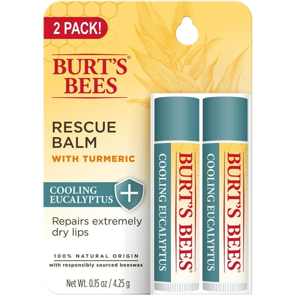 Burt's Bees 100% Natural Origin Rescue Lip Balm, Cooling Eucalyptus, 2 Tubes