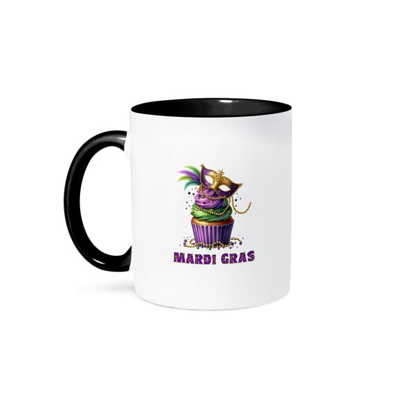 3drose, Image of a Purple, Green Cake with Mardi Gras Mask on Top Cool Gift, 15oz Two-tone Black Mug