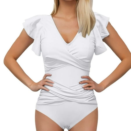 Hwmodou Tummy Control Swimsuits One Piece Women Modest White Bikini Bottom Ruffle High Waist Swimwear Bathing Suits White