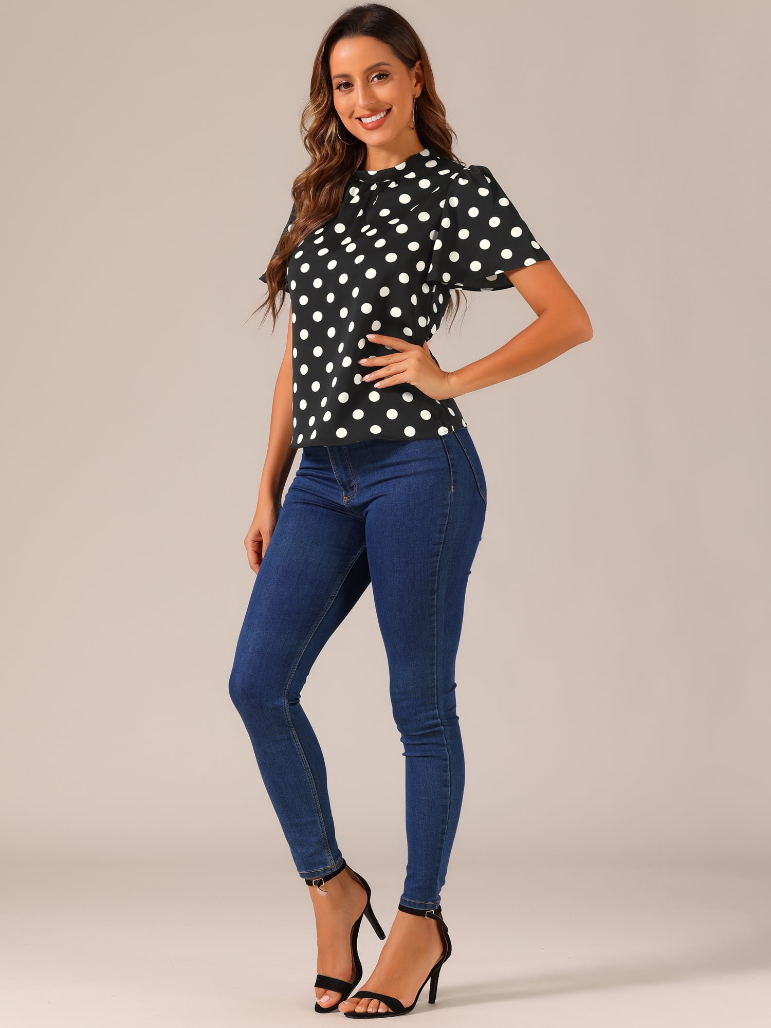 DARING DIVA Polka Dots Stand Collar Short Flare Sleeve Top M Black