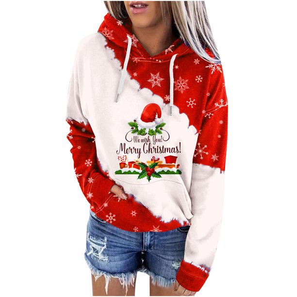 Tops Navideños Para Mujer, Blusas de Manga Larga, Sudaderas Con Capucha Informales Holgadas Estampadas A La Moda Odeerbi ODB192883