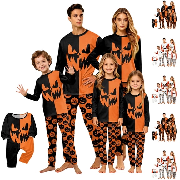 Halloween Family Pajamas Matching Sets Festival Sleepwear Nightwear Long Sleeve Cute Funny Halloween Pumpkin Face Soft Two Piece Sets Fashion Holiday Family Pajamas