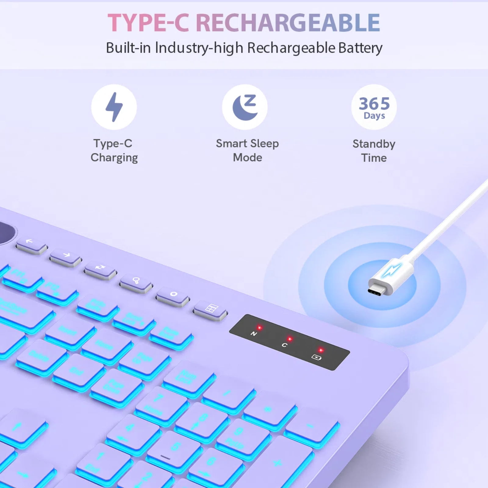 Wagpak Wireless Keyboard 7 Color Backlit Wrist Rest Rechargeable 112 Keys Quiet Keyboard-Purple