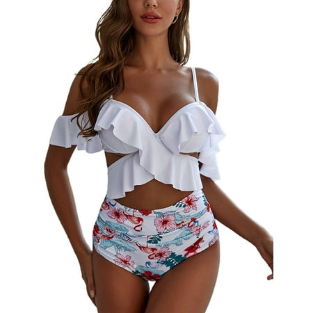 Luiryare Women Summer Swimwear 2Pcs Spaghetti Strap Ruffles Top + Floral High Waist Panty Bikini Set