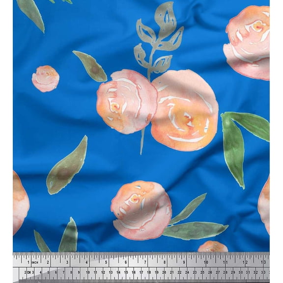 Soimoi Blue Cotton Duck Fabric Leaves & Peach Floral Watercolor Print Sewing Fabric BTY 42 Inch Wide