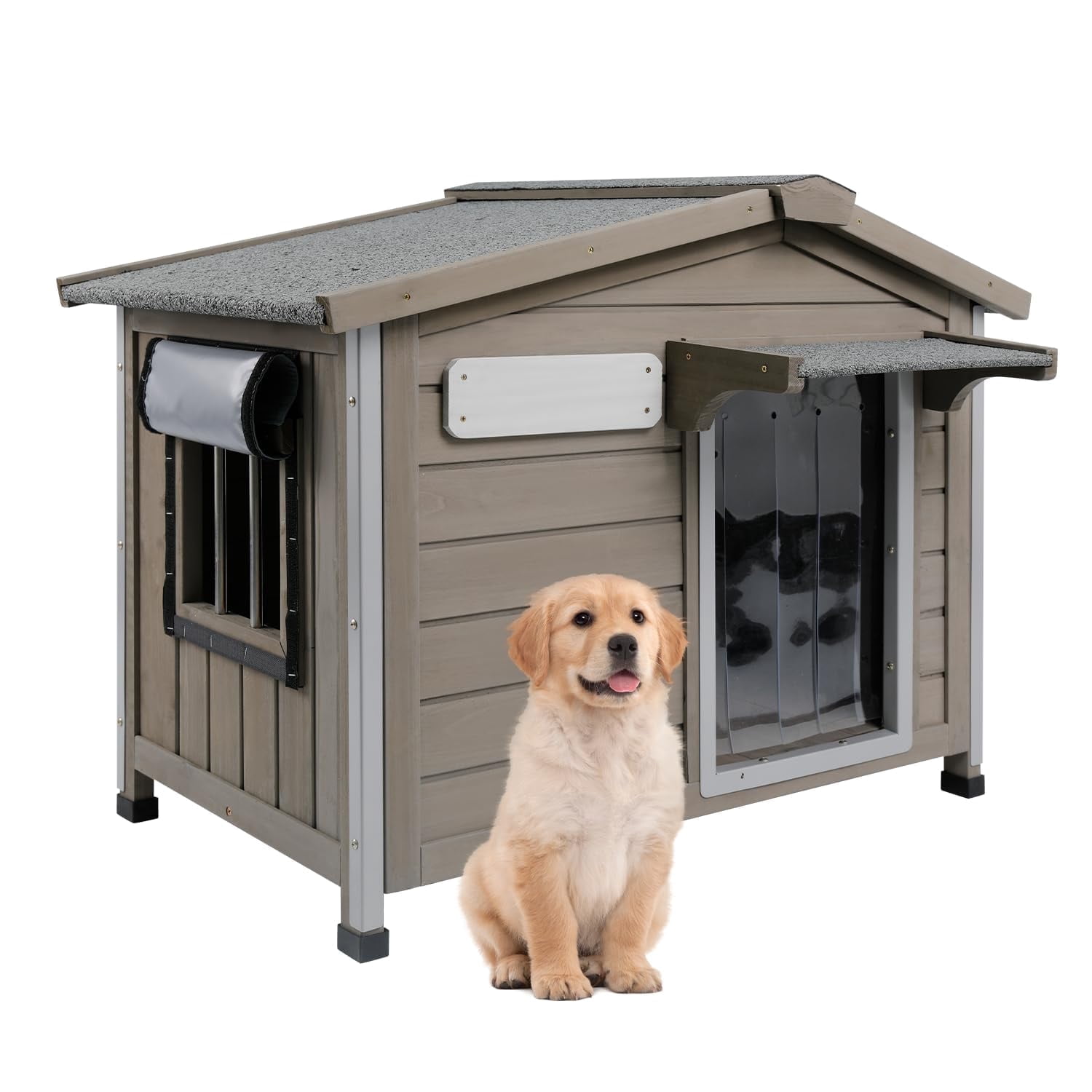 PETSCOSSET Outdoor Dog House, Weatherproof Wooden Dog Kennel with Raised Feet for Small Dog, Gray