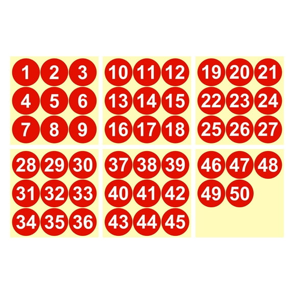 1 to 50 Number Stickers 2 Inch, Vinyl Round Labels for Inventory, Red