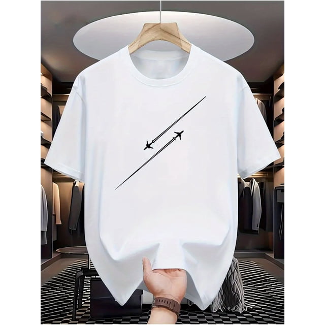 Men'S Casual Crew Neck T-Shirt with Round Aircraft Print, 100% Cotton Knit Fabric, Slight Stretch, Regular Fit, Summer Fashion Short Sleeve Tee, 220gsm
