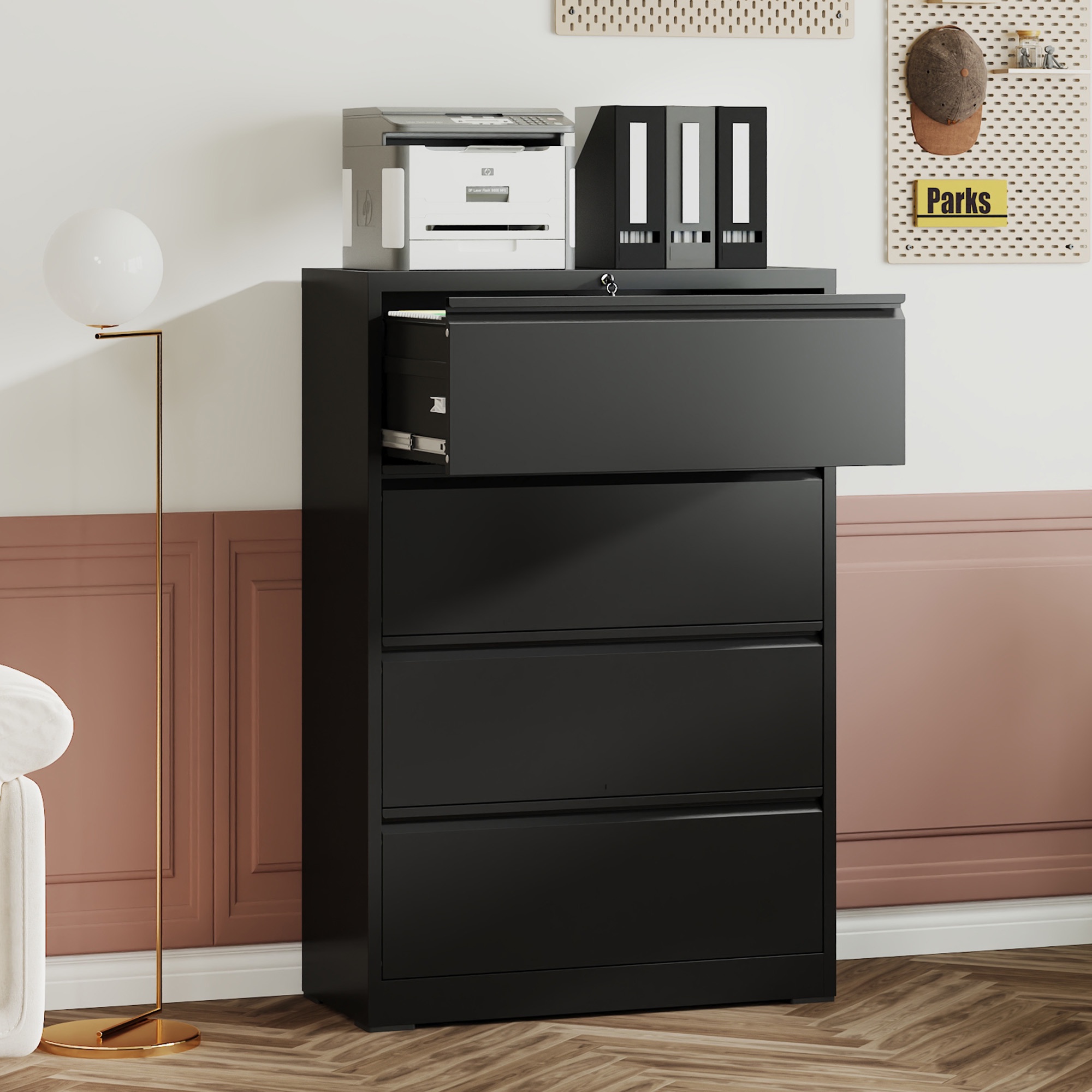 CASEMIOL 4 Drawer Lateral File Cabinet, Lockable Metal Filing Cabinet with Wide Storage Drawers for Legal/Letter/A4 Files, Steel Office Storage Cabinet for Home or Commercial Use, Black