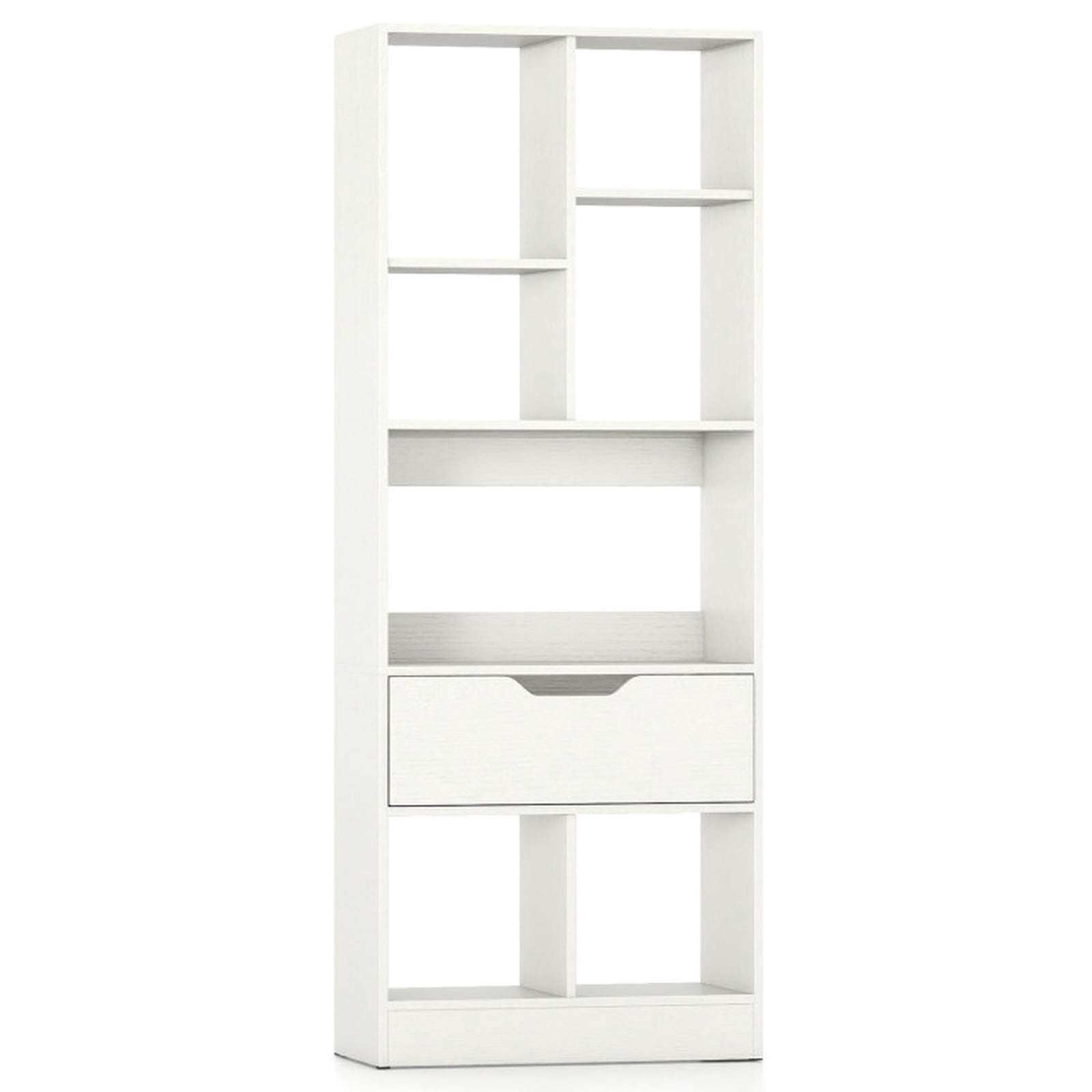 Furnibear 51 Inch Tall Freestanding Bookcase with Storage Drawer and 7 Open Cubes Slim Wood Storage Organizer for Bedroom and Office, White
