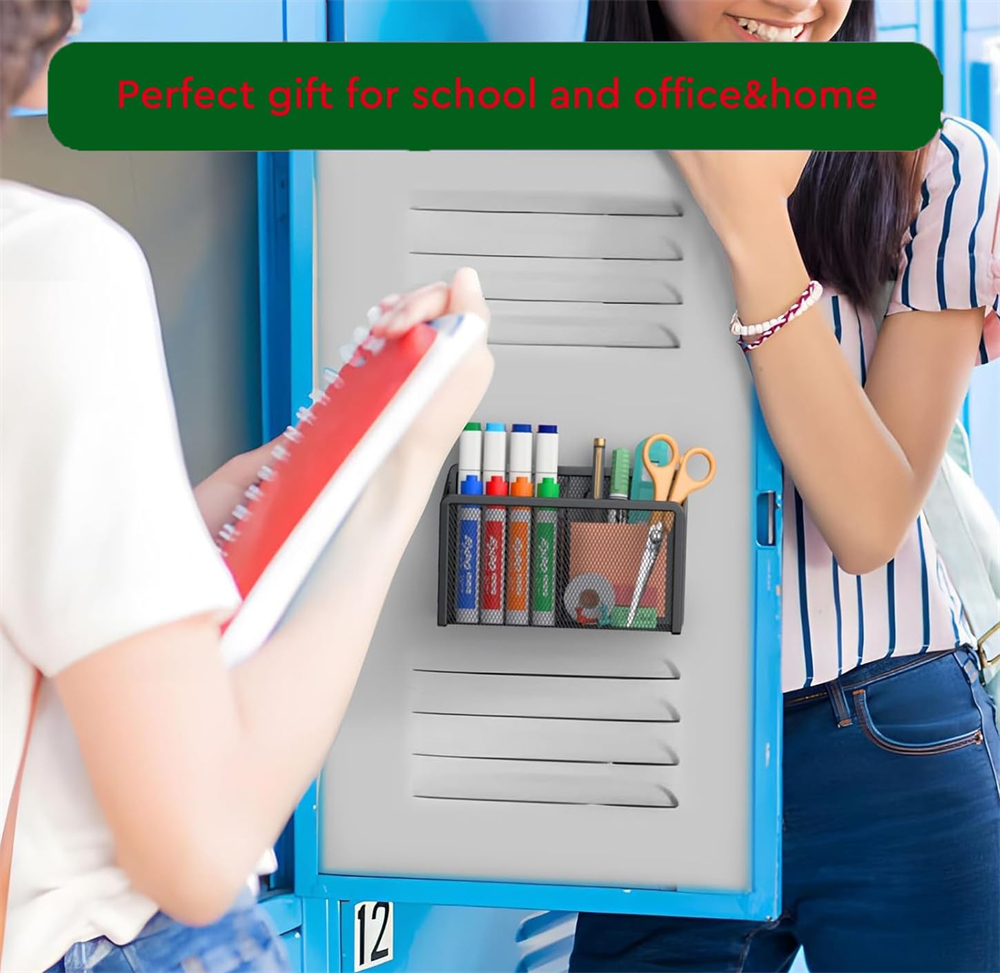 HYG Mesh Metal Magnetic Marker Holder Black Pencil Cup Locker Organizer Accessories Large Metal Pencil Storage Basket for Refrigerator Whiteboard Blackboard 2 Pack