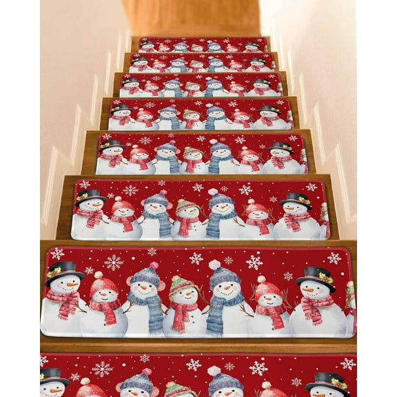 Red Christmas Stair Treads for Wooden Steps Indoor Runner Rug Carpet, Xmas Snowman Snowflake Winter Holiday 4 Pieces Peel and Stick Staircase Step Treads Covers Washable Throw Door Mats, 30"x8"