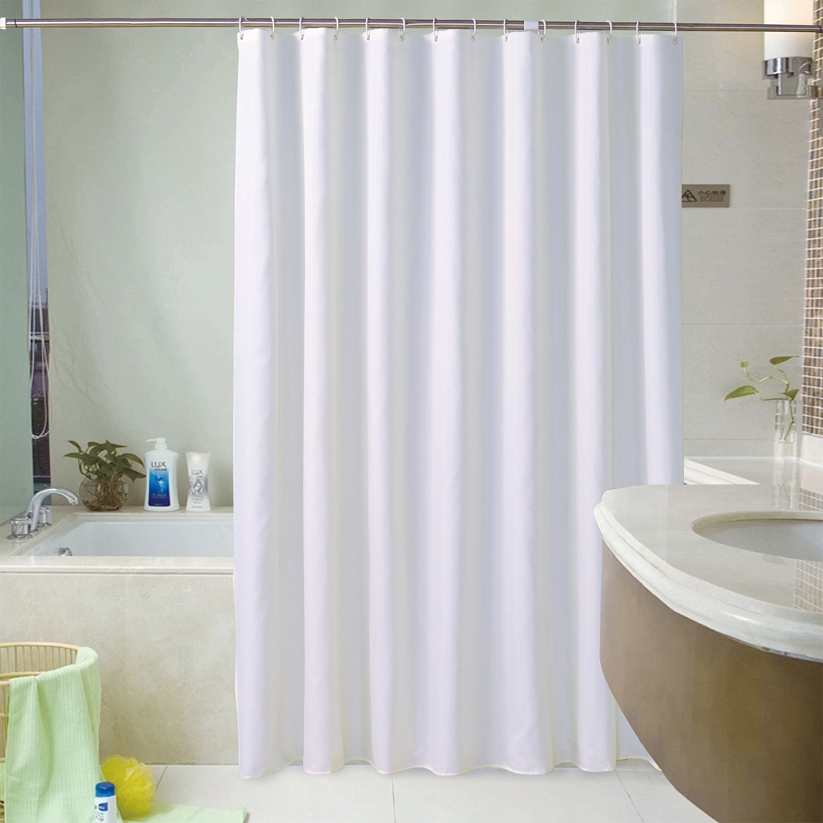 12 Hook Patterned PEVA Shower Curtain Bathroom Plain Splash Proof Hole Ring Set 