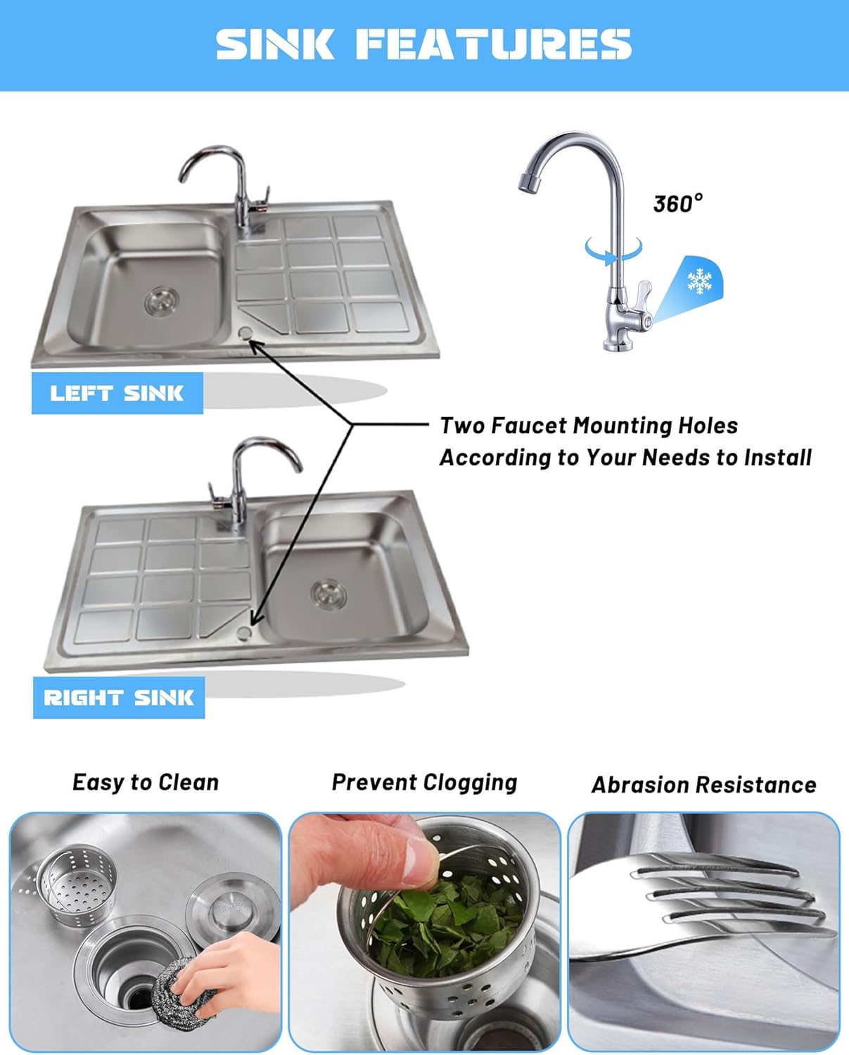 Free Standing Outdoor Sink, Stainless Steel Kitchen Utility Sink Station with Drainboard, Washing Hand Basin Tub Single Bowl Sink for Indoor Outdoor Patio Laundry Room Restaurant Workshop Garages
