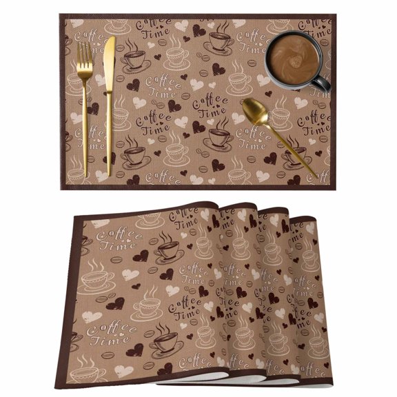 Placemats Set of 6, Brown Coffee Cup Woven Placemat, Linen Place Mats for Kitchen/Dining Tables, Vintage Coffee Beans Love Heart Washable Table Mats for Party