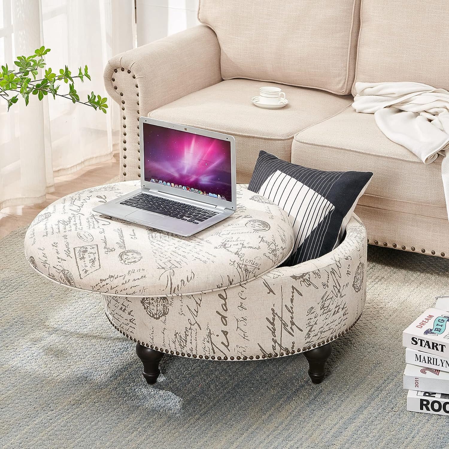 Nathaniel Home, 30" Round Storage Ottoman Footstool with Removable Lid, Button Tufted Ottoman Coffee Table with Legs, Large Ottoman with Storage for Bedroom, Beige