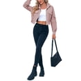 thumbnail image 5 of Long Sleeve Stand Collar Solid Women Zipper Bomber Jacket Motorcycle Crop Coat, 5 of 6