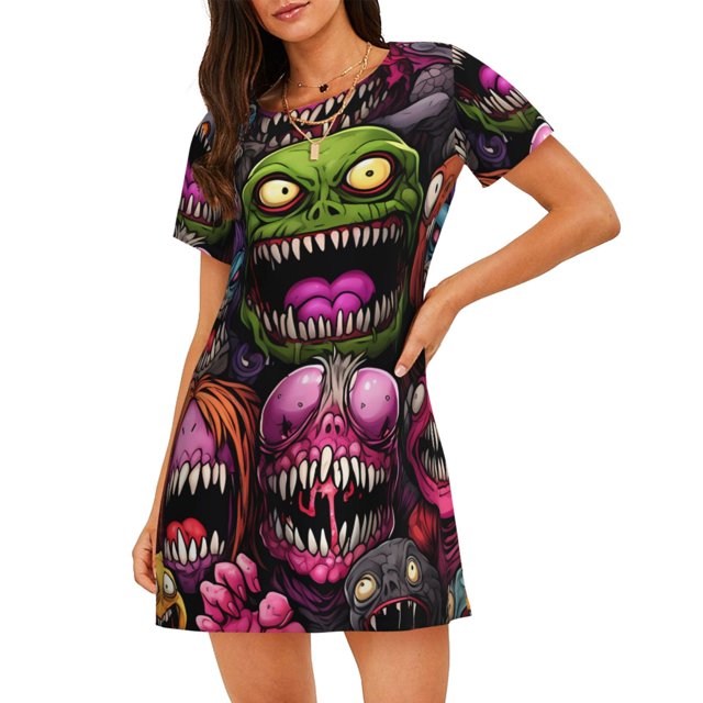 Easygdp Monstrous Cartoon Characters Camisón de manga corta para mujer, informal, estampado