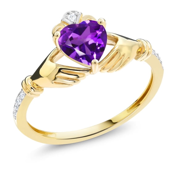 Gem Stone King 10K Yellow Gold Irish Celtic Claddagh Purple Amethyst and Diamond Accent Women Engagement Ring (0.71 Cttw, Available in Size 5, 6, 7, 8, 9)