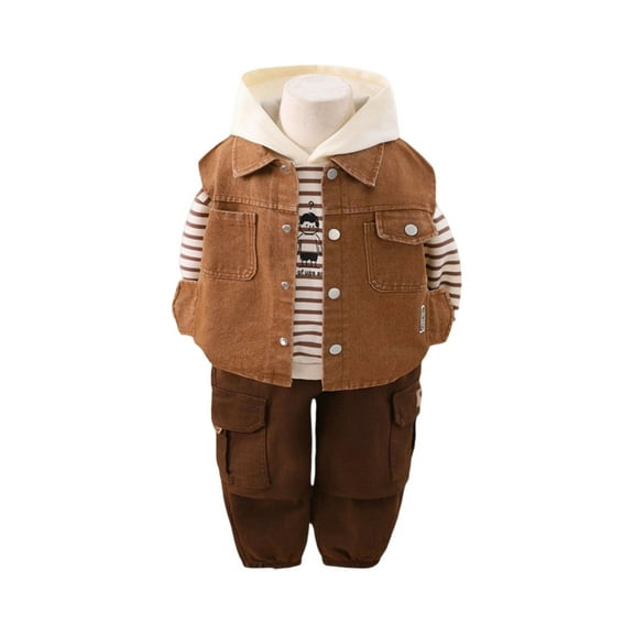 Toddler Boys Three Piece Outfit Set Hooded Striped Shirt Denim Vest Cargo Pants Casual Fall Clothing Ensemble
