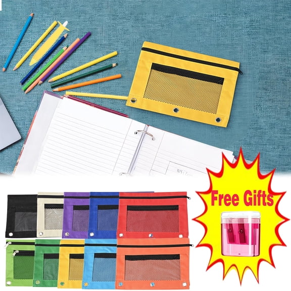 Antqov Three Ring Binder Pencil Pouchs, Large Capacity Zippered Pencil Pouch Pockets, Portable Pencil Bag Three Ring with Mesh Window Cosmetic Bag Organizer for Home Office Supplies