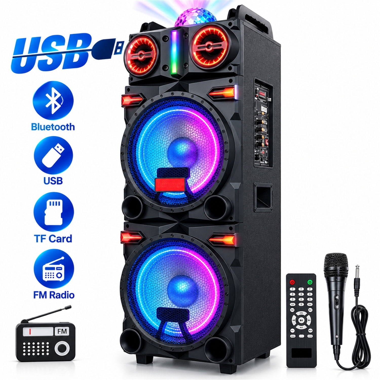 Dazone 4,500W Bluetooth Speaker Rechargable Dual 10" Woofer Party FM Karaok DJ LED AUX