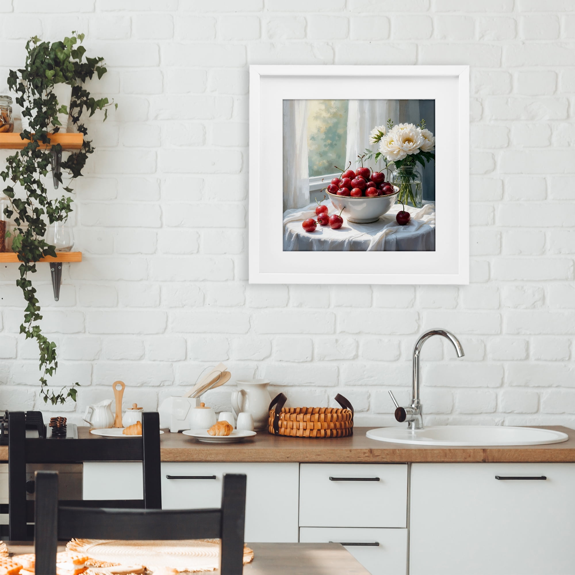 Cherries & Flowers Still Life White Framed Print Under Glass, design by Lettered and Lined
