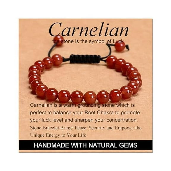 Carnelian Beads - Stone of Luck - Handmade Yoga Natural Stone Crystal Healing Power Energy Gifts for Unisex Adult Bracelet Macrame Adjustable 6mm