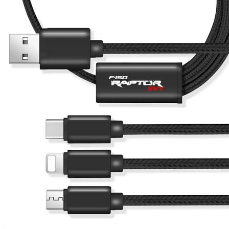 F-150 Raptor SVT 3 in 1 Black 4 Ft Premium Multi Charging USB Cable Type-C iOS