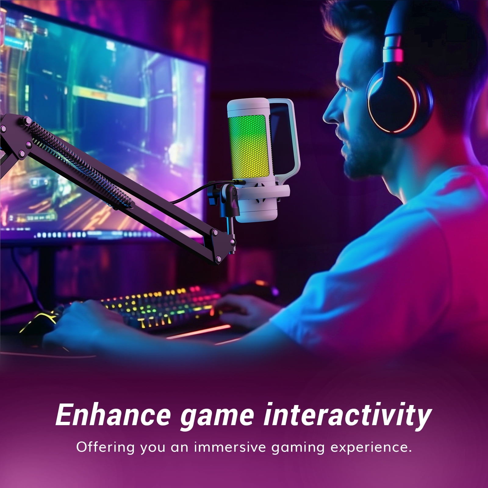 TONOR TC310+ Gaming Microphone Set Type-C Plug,  Desktop USB Microphone with RGB, Quick Mute, for Twitch, Streaming, Podcast, Studio Recording, Discord Chatting, 200 cm/78 inch Cable, White