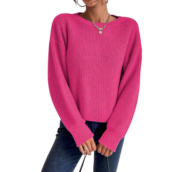 Women Solid Crew Neck Cropped Drop Shoulder Oversized Long Sleeve Soft Knit Sweater 102 - Fuchsia M