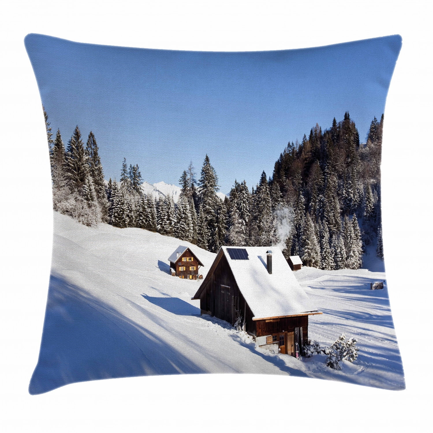 Winter Throw Pillow Cushion Cover, Log Cabins in the Mountains Sunny