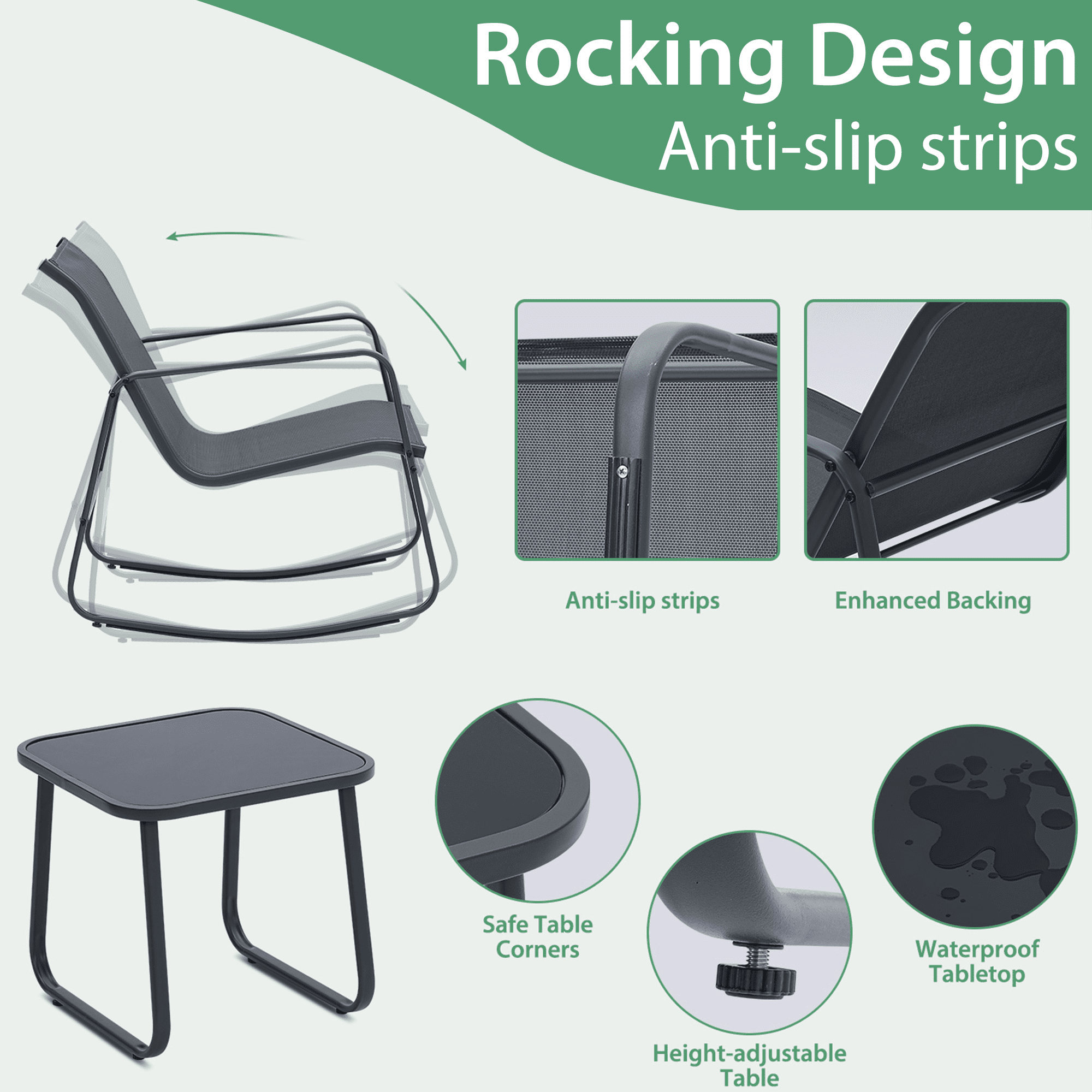 Autlaycil 5 Pcs Patio Outdoor Furniture Sets Contains 2 Textilene Fabric Rocking Bistro Chairs, Table, 10' Solar Cantilever Umbrella and Cross Base with Sandbag, Grey
