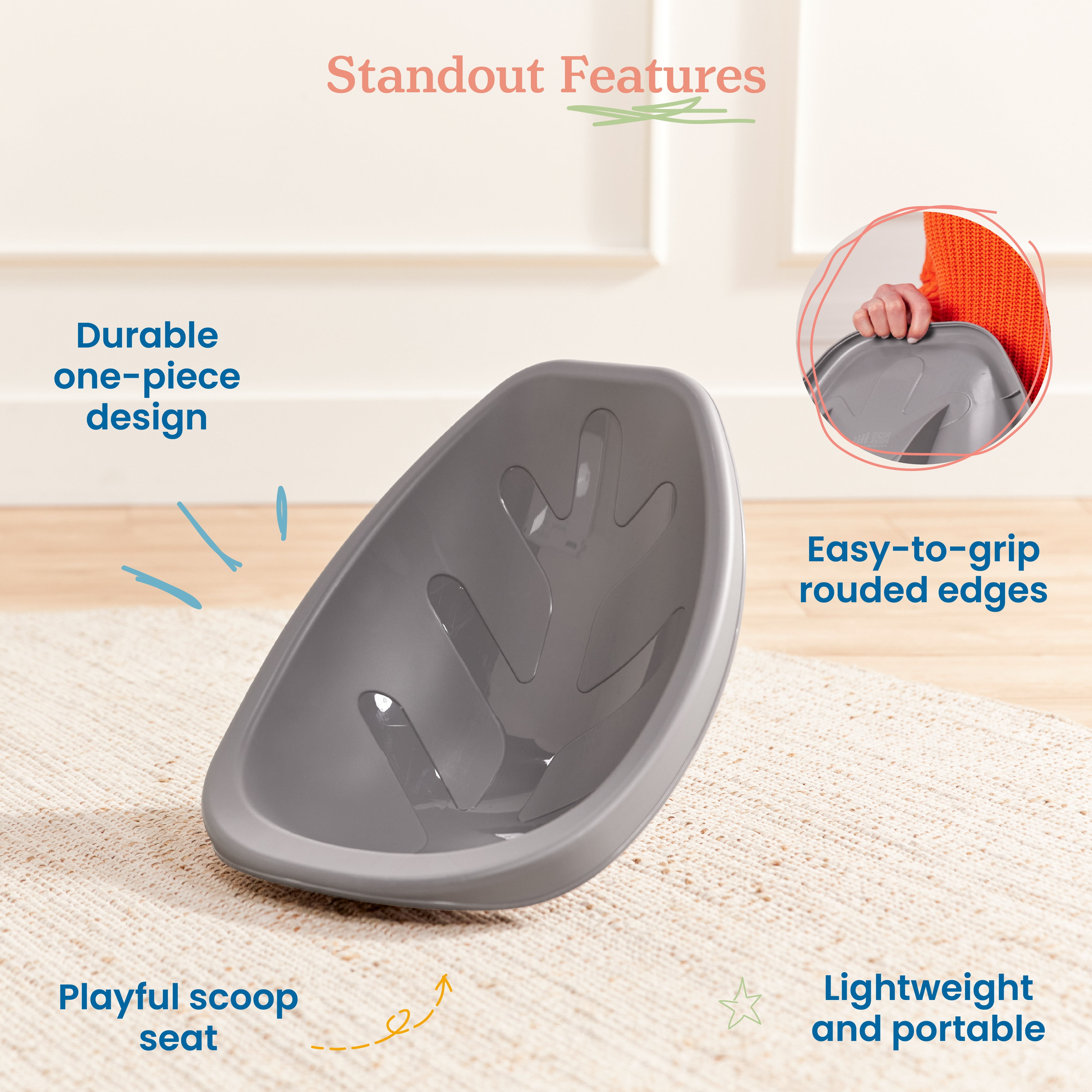 ECR4Kids Plastic Leaf Scoop Floor Rocker Seat, Classroom Furniture, Pink/Grey, 6-Piece