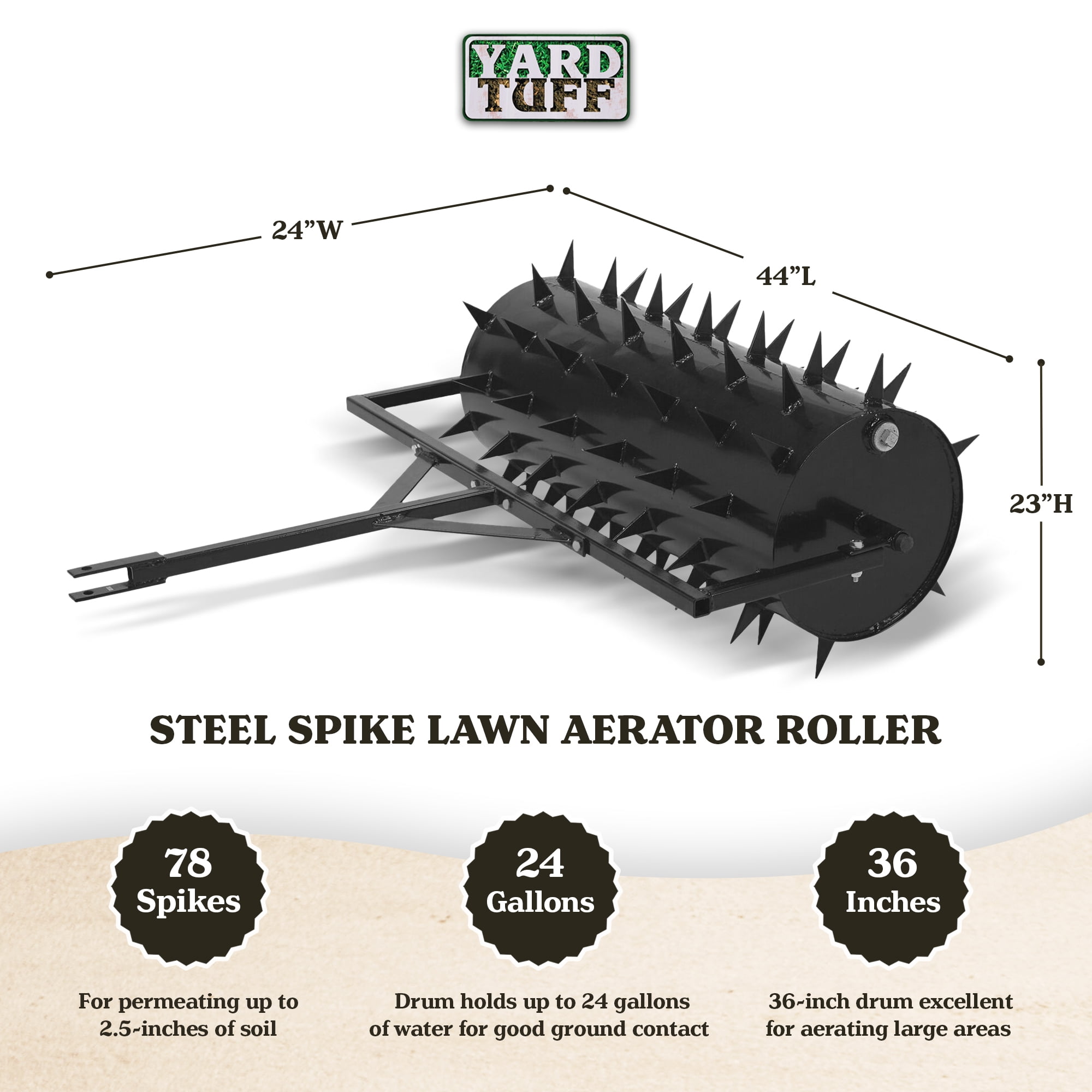 Yard Tuff Drum Steel Spike Lawn Aerator Roller w/36-Inch Width, 78 Spikes