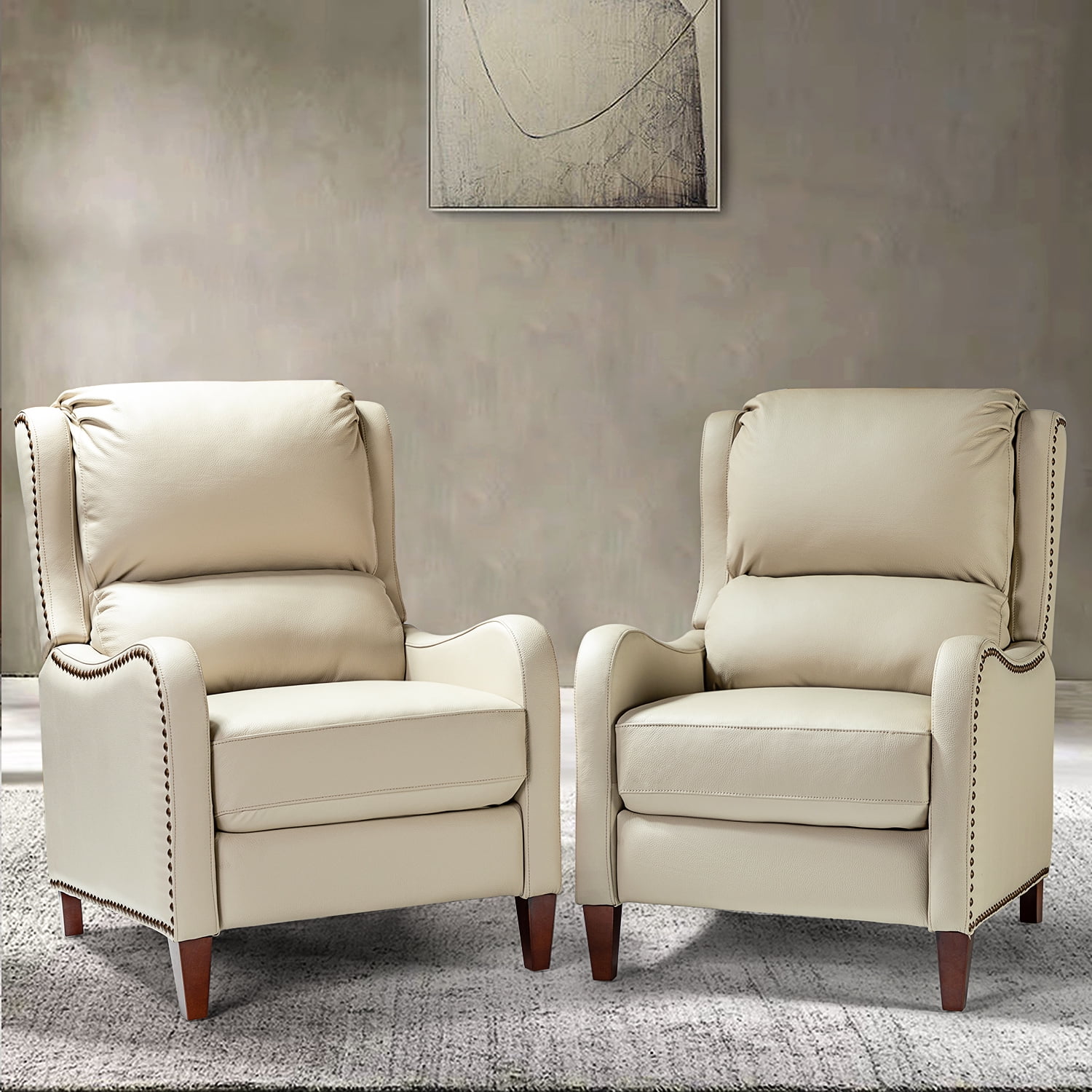 Aurelio Genuine Leather Recliner with Nailhead Trim Set of 2 in Beige