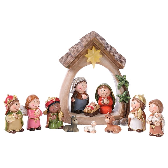 Mozhitti Easter Birth Scene Set (12 Piece Set) Featuring LED Birth Scene And Holy Family Figurines Suitable For Desktop Decoration