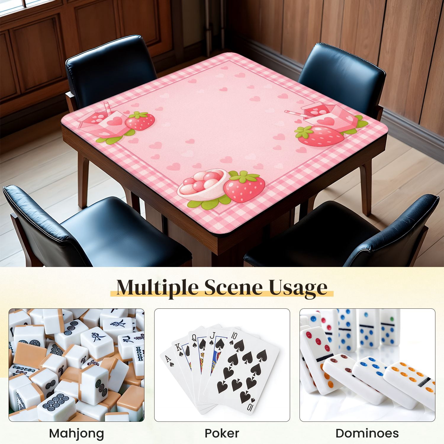 Mahjong Mat 31.5" x 31.5" Pink Strawberry Hearts Sweet Treats Non-Slip Noise Reduction Mahjong Tiles Table Cover for Dominoes Poker Card Board and Tile Games