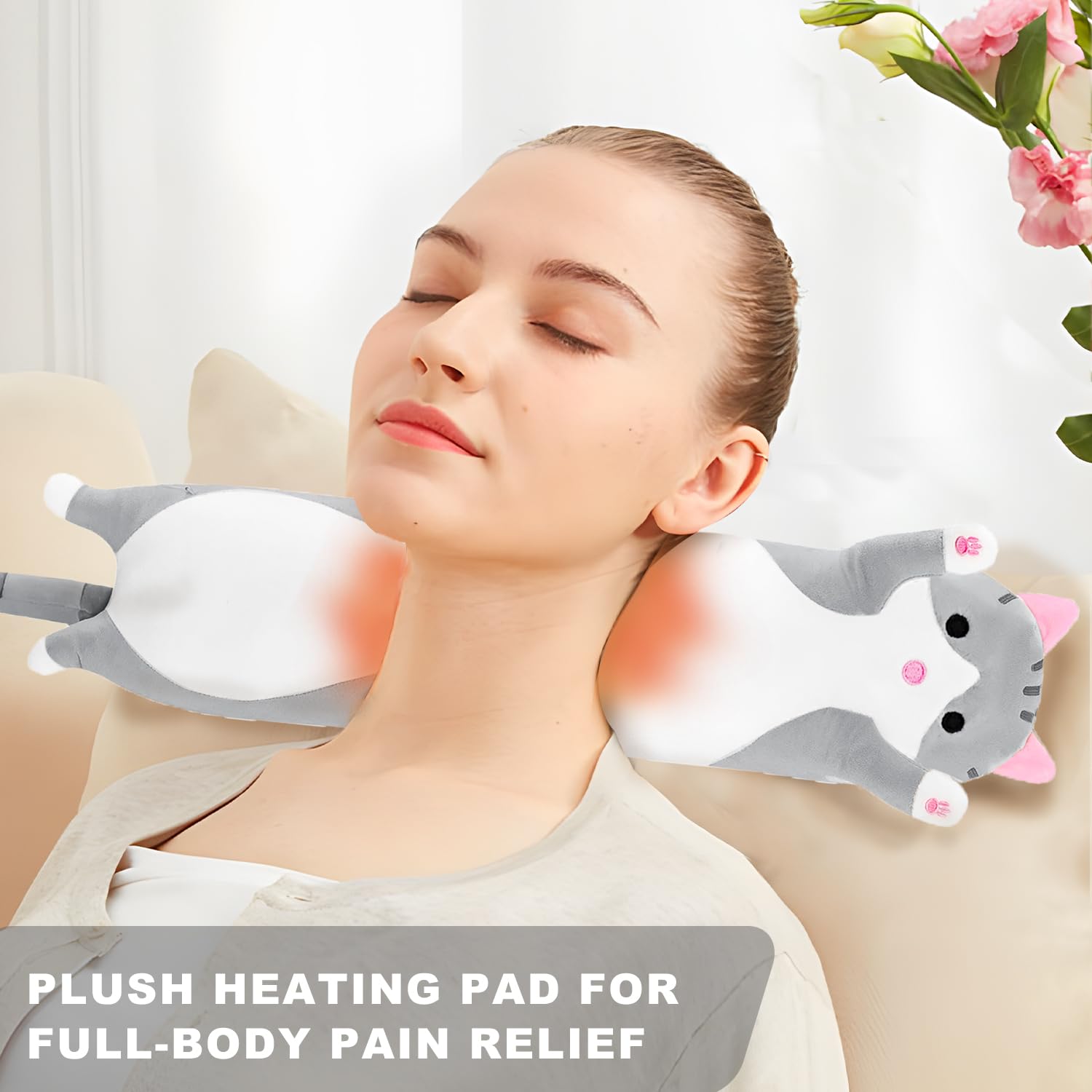 Heating Pad for Neck Shoulder Pain Relief, Portable Cuddly 19.7" Plush Cat with a Hot Soft Belly USB Powered, Gift for Daughter Girlfriend Wife (Grey)