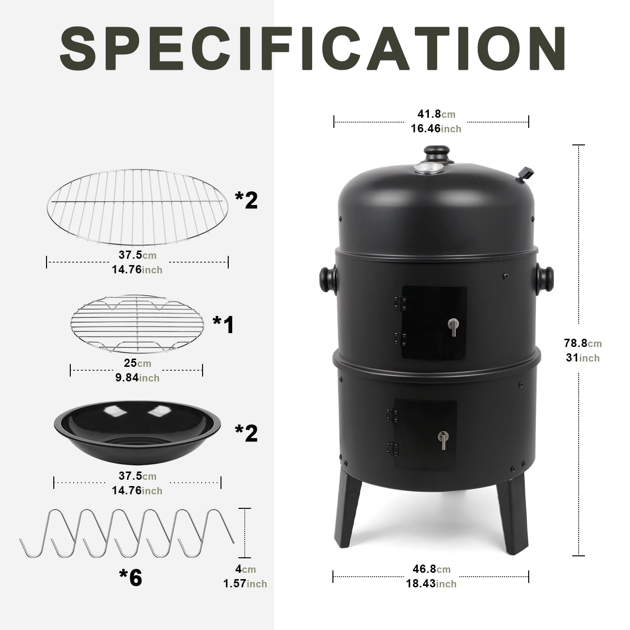 Linsen-outdoors Stainless Steel Vertical Charcoal BBQ Smoker: Versatile 3-in-1 Grill for Smoking, Roasting, and Barbecuing in Your Backyard or Outdoors